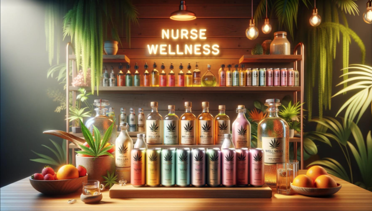A selection of Nurse Wellness branded cannabis beverages on a bar shelf with tropical plants.