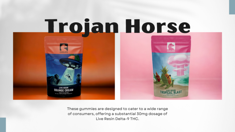 Two packs of Trojan Horse gummies, one Orange Cream and one Tropical Blast,